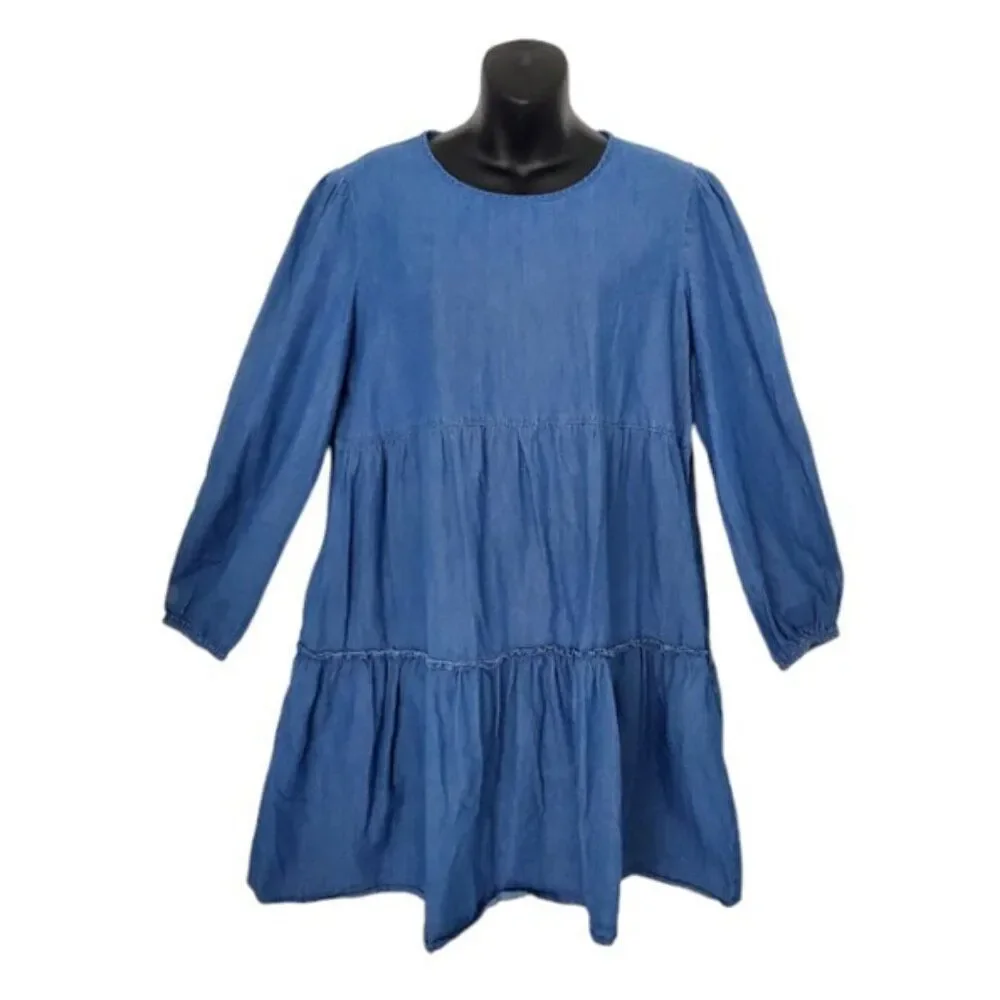 Draper James Tiered Blue Chambray Dress Cotton Mini Women Sz L Cottagecore - Picture 4 of 8